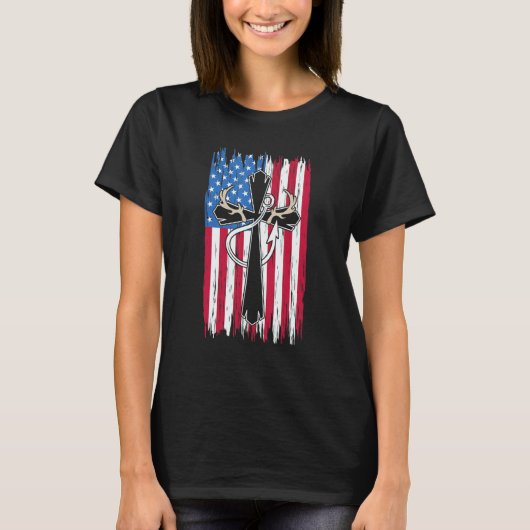 Deer Hunting Hunter  Us Flag Deer Hunting & Fishin T-shirt (Voorkant)