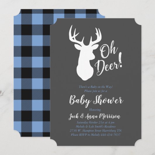Deer Hunting Lodge Baby shower Antlers Boy Blue Kaart (Voorkant / Achterkant)