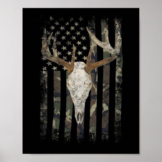 Deer Hunting Skull American Camo USA Flag Whitetai Poster (Voorkant)