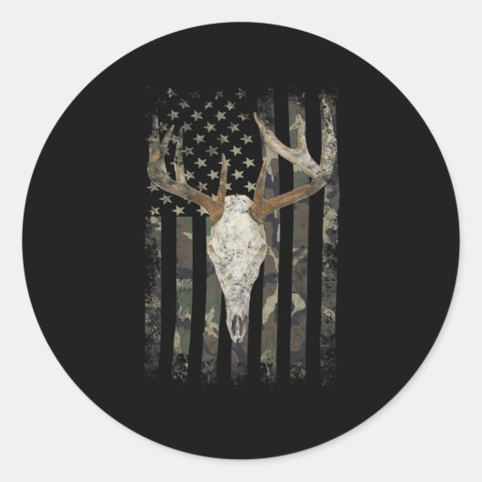 Deer Hunting Skull American Camo USA Flag Whitetai Ronde Sticker (Voorkant)