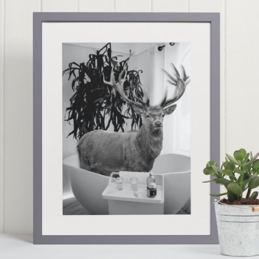 Deer in Bathtub Black White Bathroom art Poster