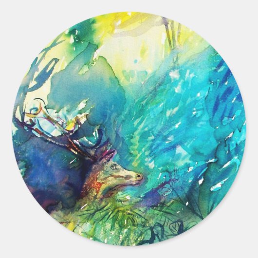 DEER IN GROEN WOODLAND RONDE STICKER (Voorkant)