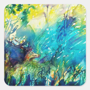 DEER IN GROEN WOODLAND VIERKANTE STICKER