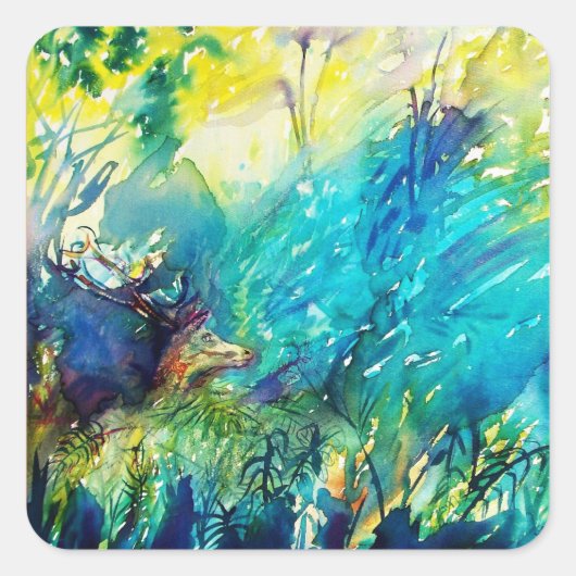 DEER IN GROEN WOODLAND VIERKANTE STICKER (Voorkant)