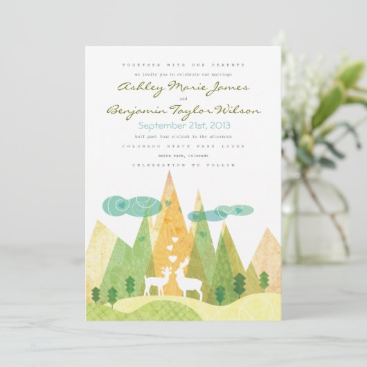 Deer in Mountain Valley Rustic Wedding Invitation Kaart (Staand voorkant)