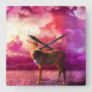 Deer in roze wolken vierkante klok