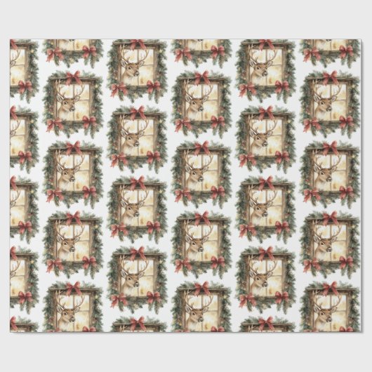Deer in Window Red Bows Christmas Cadeaupapier (Vlak)