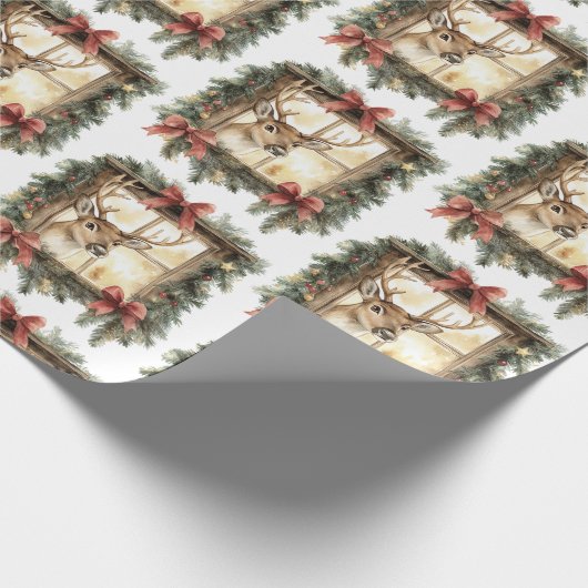 Deer in Window Red Bows Christmas Cadeaupapier (Hoek)