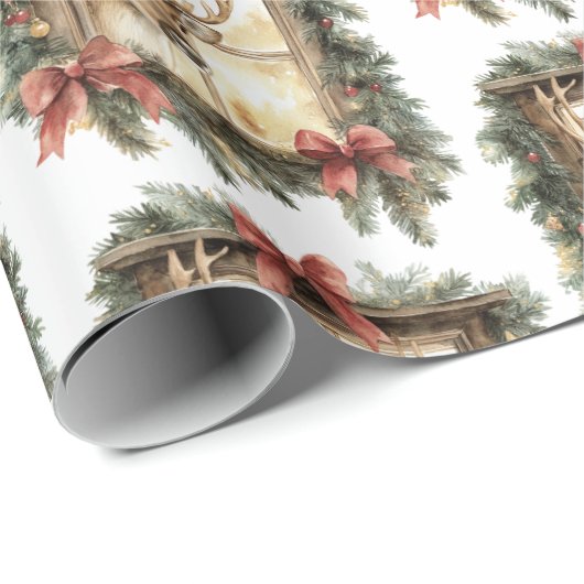 Deer in Window Red Bows Christmas Cadeaupapier (Rol Hoek)