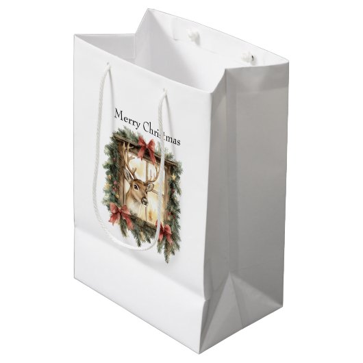 Deer in Window Red Bows Christmas Medium Cadeauzakje (Voorkant Gekanteld)