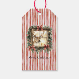 Deer in Window Red Stripes Bows Christmas Cadeaulabel