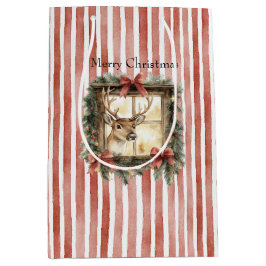 Deer in Window Red Stripes Bows Christmas Medium Cadeauzakje