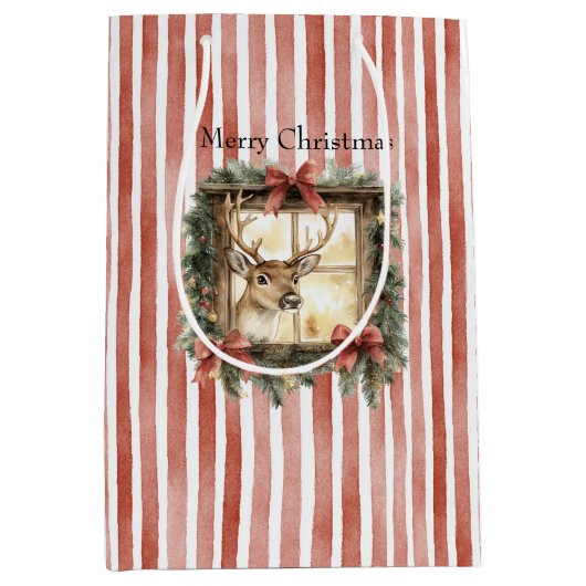 Deer in Window Red Stripes Bows Christmas Medium Cadeauzakje (Voorkant)