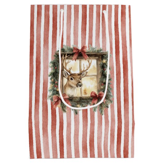 Deer in Window Red Stripes Bows Christmas Medium Cadeauzakje (Achterkant)