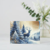 Deer in winter forest blue & gold design postcard briefkaart (Staand voorkant)
