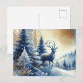 Deer in winter forest blue & gold design postcard briefkaart (Voorkant / Achterkant)