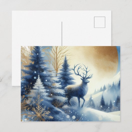Deer in winter forest blue & gold design postcard briefkaart (Voorkant / Achterkant)