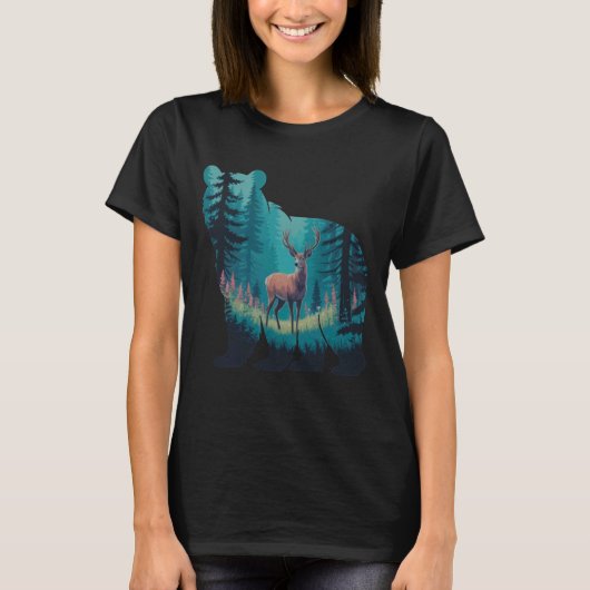 Deer Inside Bear Silhouette Nature Wildlife Forest T-shirt (Voorkant)