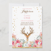 Deer jarig Uitnodiging Woodland Gold Pink Floral (Voorkant)