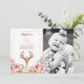 Deer jarig Uitnodiging Woodland Gold Pink Floral (Staand voorkant)