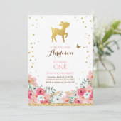 Deer jarig Uitnodiging Woodland Gold Pink Floral (Staand voorkant)