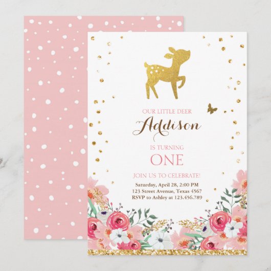 Deer jarig Uitnodiging Woodland Gold Pink Floral (Voorkant / Achterkant)