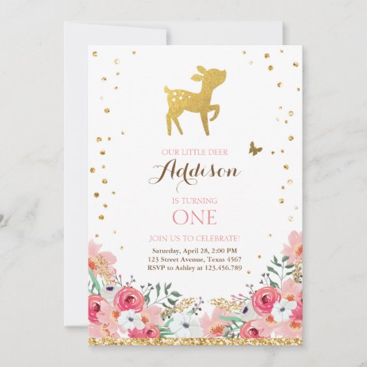 Deer jarig Uitnodiging Woodland Gold Pink Floral (Voorkant)