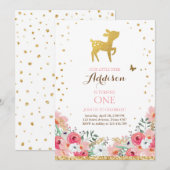 Deer jarig Uitnodiging Woodland Gold Pink Floral (Voorkant / Achterkant)