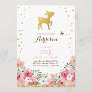 Deer jarig Uitnodiging Woodland Gold Pink Floral