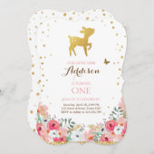Deer jarig Uitnodiging Woodland Gold Pink Floral (Voorkant / Achterkant)