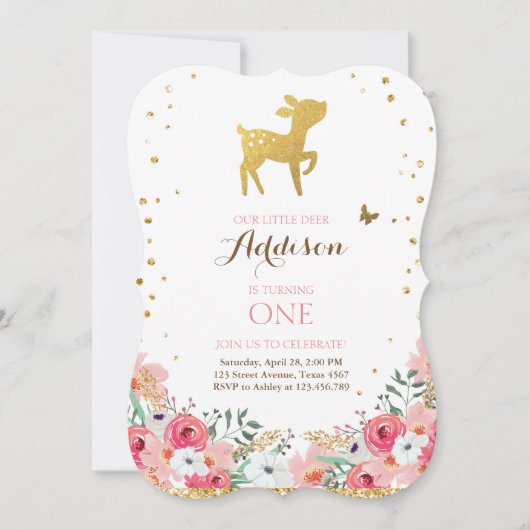 Deer jarig Uitnodiging Woodland Gold Pink Floral (Voorkant)