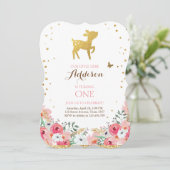 Deer jarig Uitnodiging Woodland Gold Pink Floral (Staand voorkant)