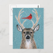 Deer, kardinaal, sneeuw, kerstwinter briefkaart (Voorkant / Achterkant)