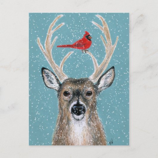 Deer, kardinaal, sneeuw, kerstwinter briefkaart (Voorkant)