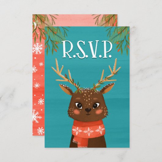 Deer Kerstblauw RSVP-kaart Kaart (Voorkant / Achterkant)