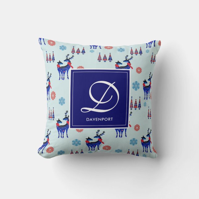 Deer, kerstbomen en sneeuwvlokken met monogram kussen (Voorkant)