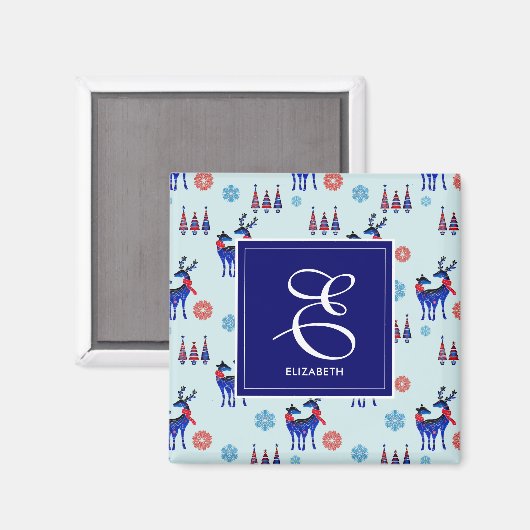 Deer, kerstbomen en sneeuwvlokken met monogram magneet (Voorkant / Achterkant)