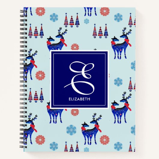 Deer, kerstbomen en sneeuwvlokken met monogram notitieboek (Voorkant)
