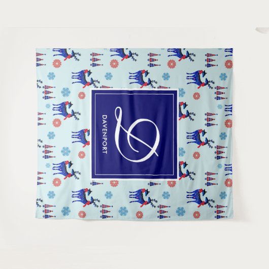 Deer, kerstbomen en sneeuwvlokken met monogram wandkleed (Voorkant (horizontaal))