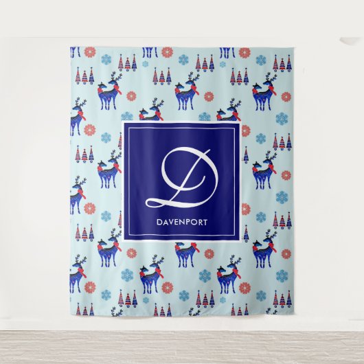 Deer, kerstbomen en sneeuwvlokken met monogram wandkleed (Voorkant)