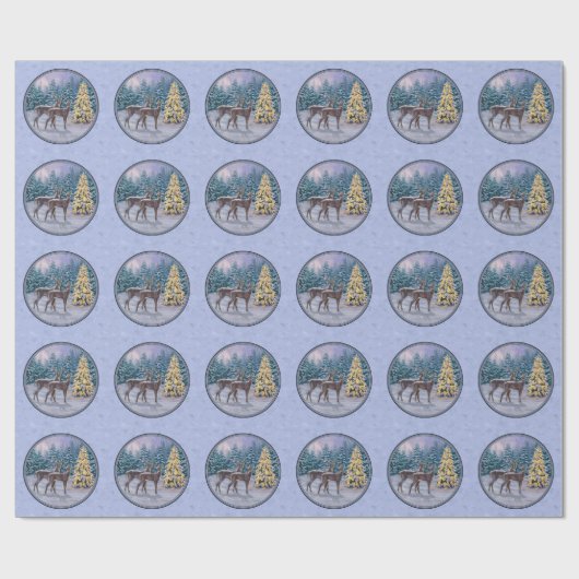 Deer & kerstboom Winter Blauw Cadeaupapier (Vlak)
