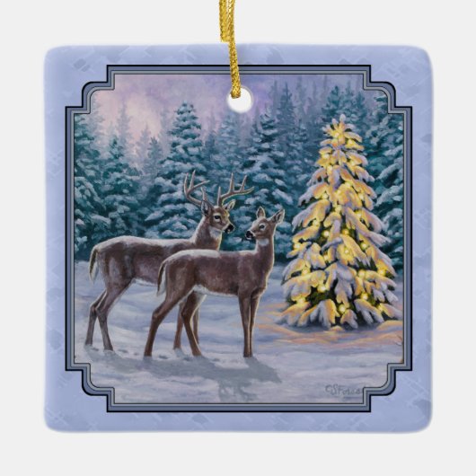 Deer & kerstboom Winter Blauw Keramisch Ornament (Voorkant)