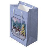 Deer & kerstboom Winter Blauw Medium Cadeauzakje (Voorkant Gekanteld)