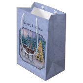 Deer & kerstboom Winter Blauw Medium Cadeauzakje (Achterkant Gekanteld)