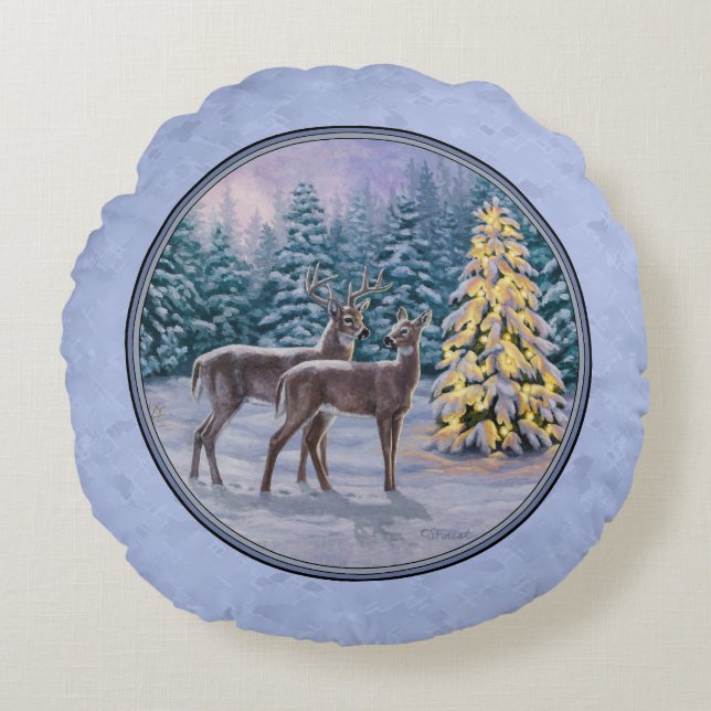 Deer & kerstboom Winter Blauw Rond Kussen (Voorkant)