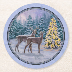 Deer & kerstboom Winter Blauw Ronde Kartonnen Onderzetter