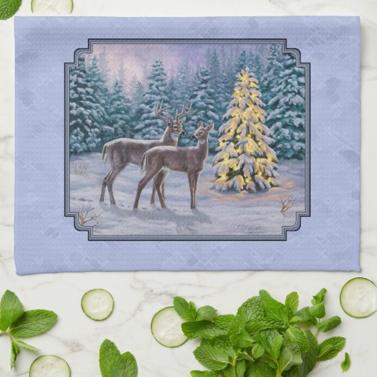 Deer & kerstboom Winter Blauw Theedoek (Gevouwen)