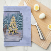 Deer & kerstboom Winter Blauw Theedoek (Quarter Fold)