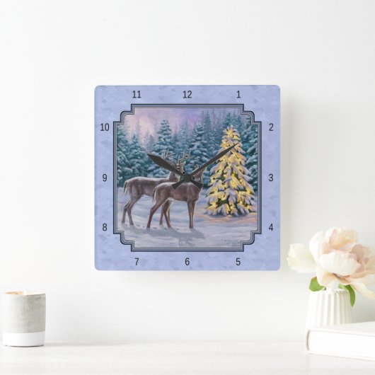 Deer & kerstboom Winter Blauw Vierkante Klok (Huis)