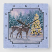 Deer & kerstboom Winter Blauw Vierkante Klok (Voorkant)